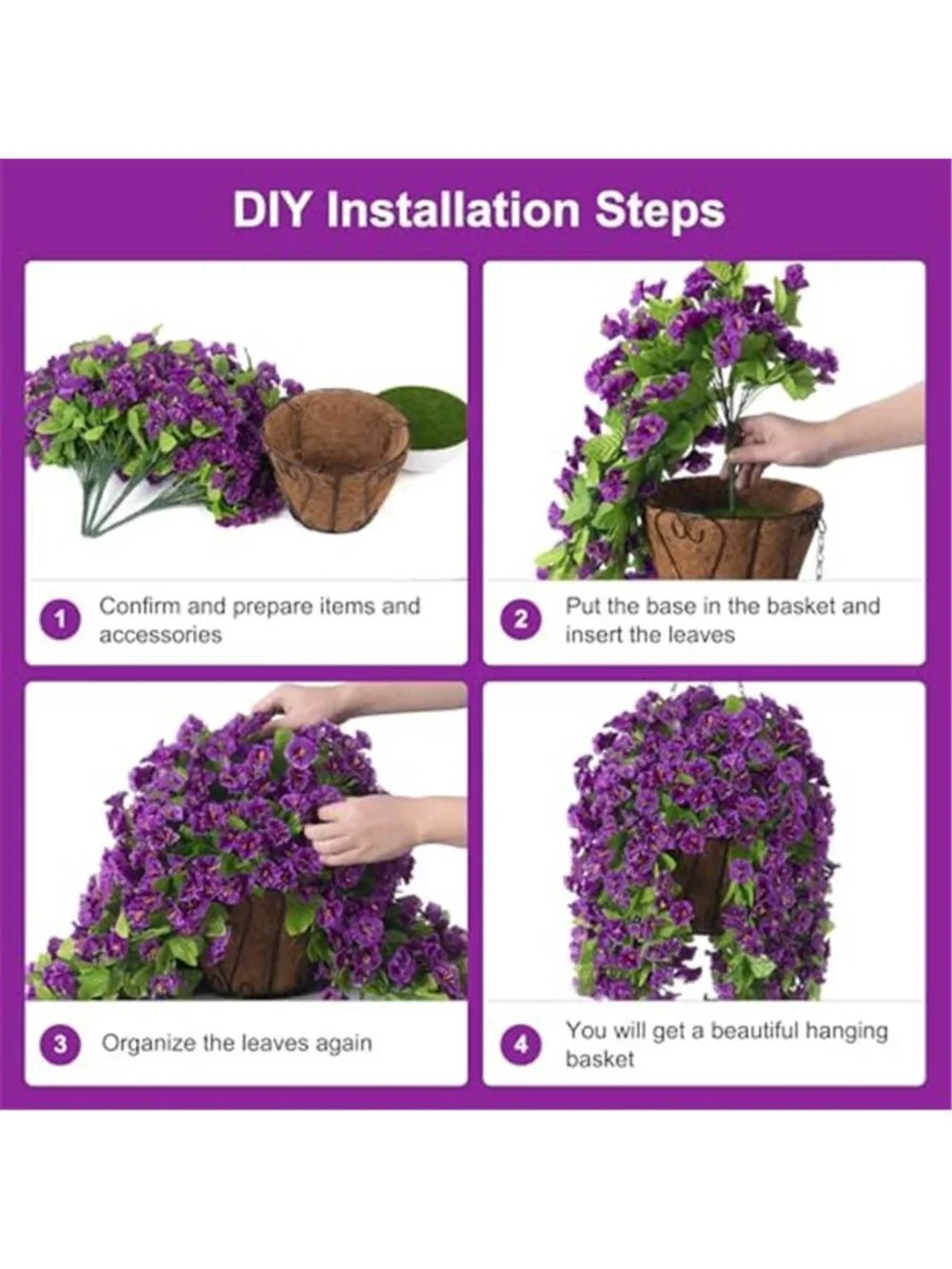 Artificial Morning Glory Hanging Basket Purple Faux Flowers Outdoor Indoor Decor